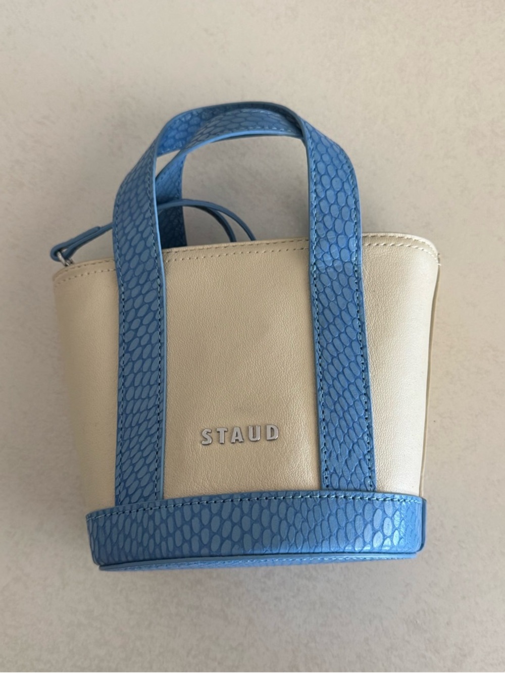 STAUD Micro Allora Tote, Cream/Sky Blue